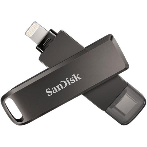 SanDisk iXpand Flash Drive Luxe muestra el puerto USB tipo C y el puerto Lightning