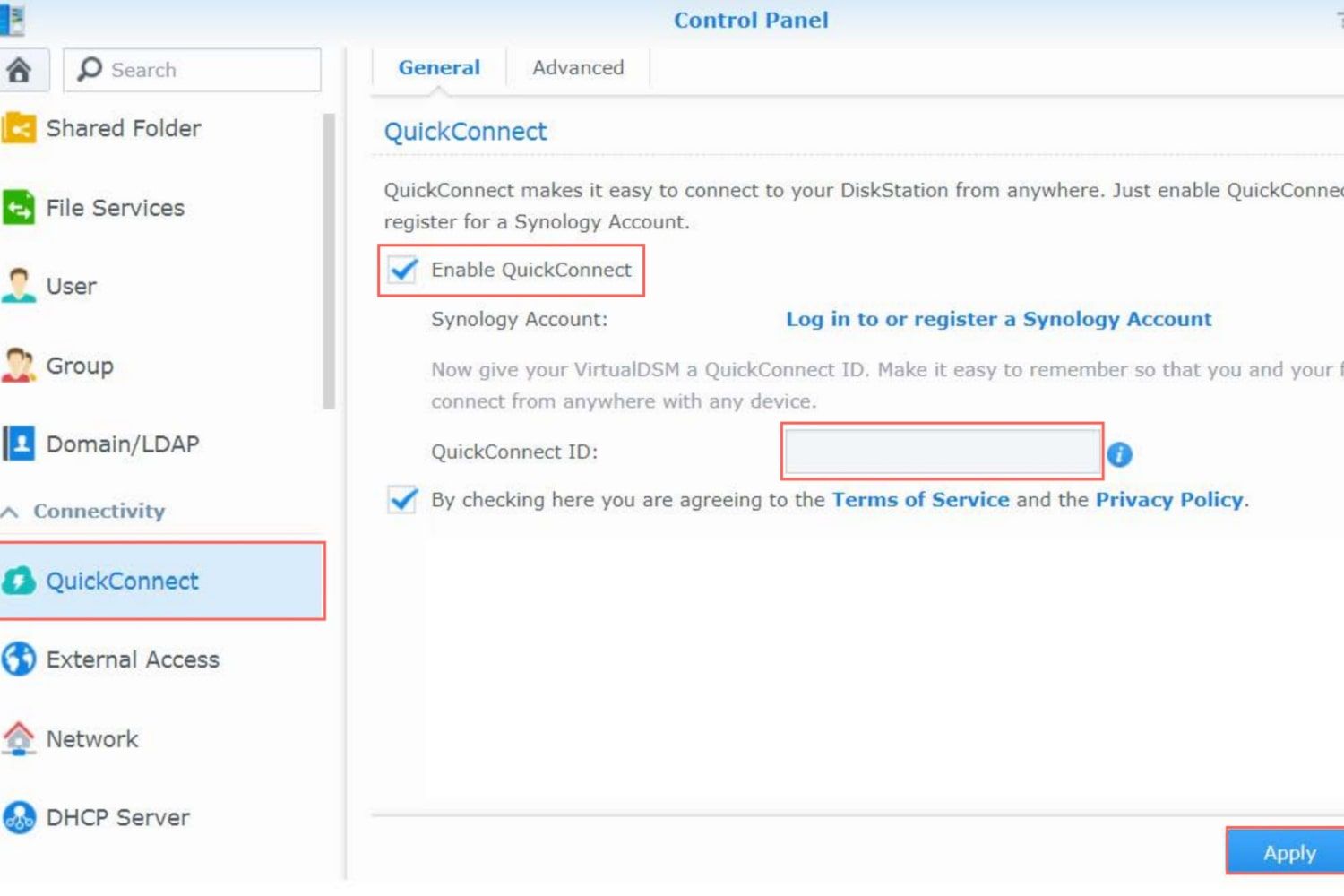 An overview of the QuickConnect tab in the Control Panel of a Synology NAS running DSM