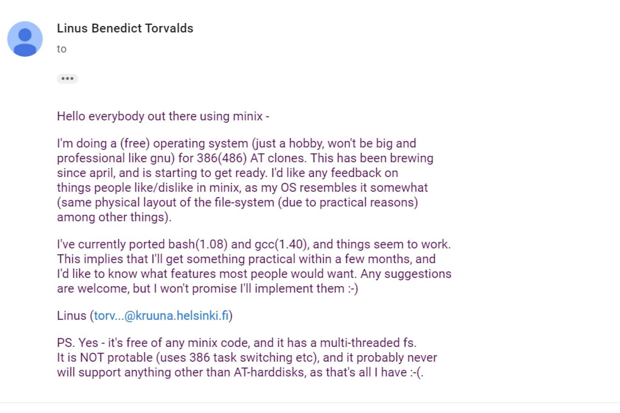 Una captura de pantalla del correo electrónico que Linus envió al grupo de noticias comp.os.minix para anunciar públicamente el desarrollo de su nuevo sistema operativo.