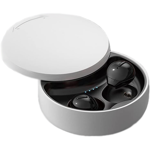 SZHTFX Invisible earbuds in their circular charging case, illustrating how to insert and charge them