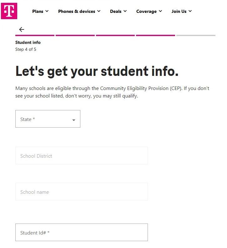 Imagen que muestra una captura de pantalla de los requisitos de información para estudiantes del Proyecto 10 millones de T-Mobile