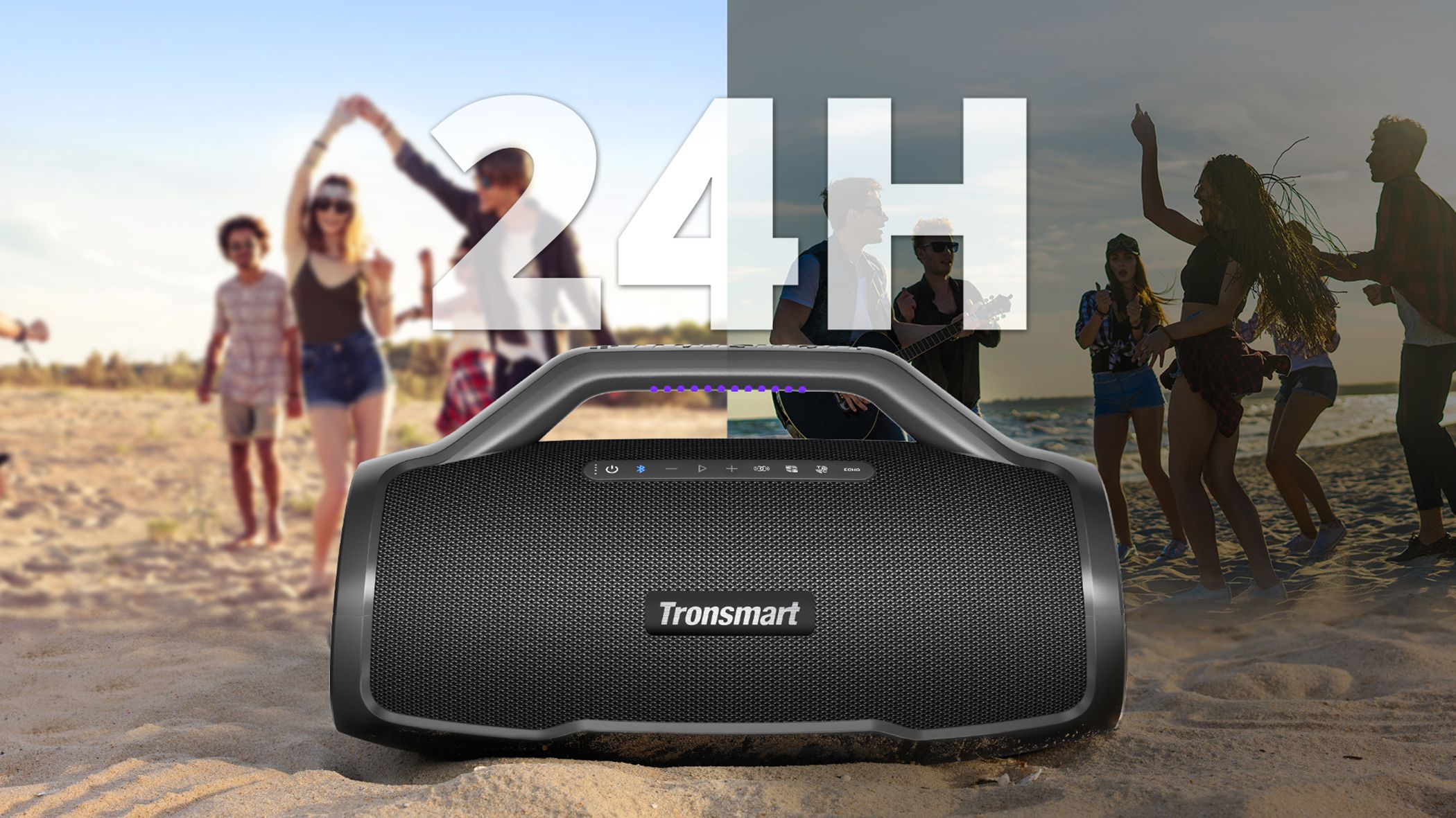 People partying at the beach with speakers
