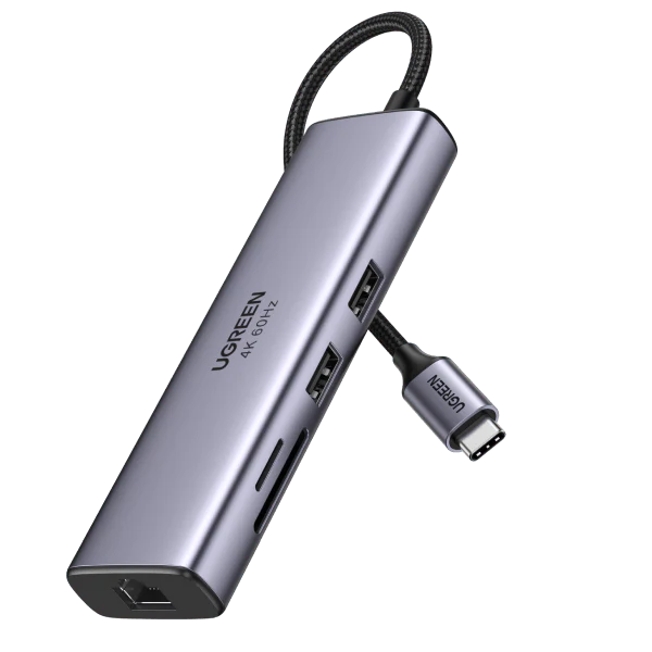 Рендер USB-C-концентратора Ugreen 7-в-1 на прозрачном фоне.