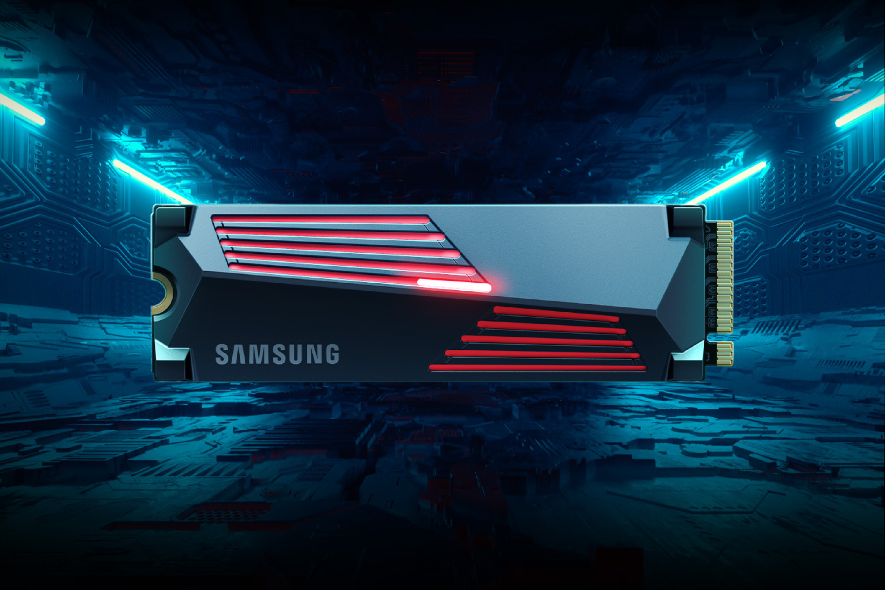 Samsung 990 Pro w/ Heatsink on techno background featuring illuminated blue bars 