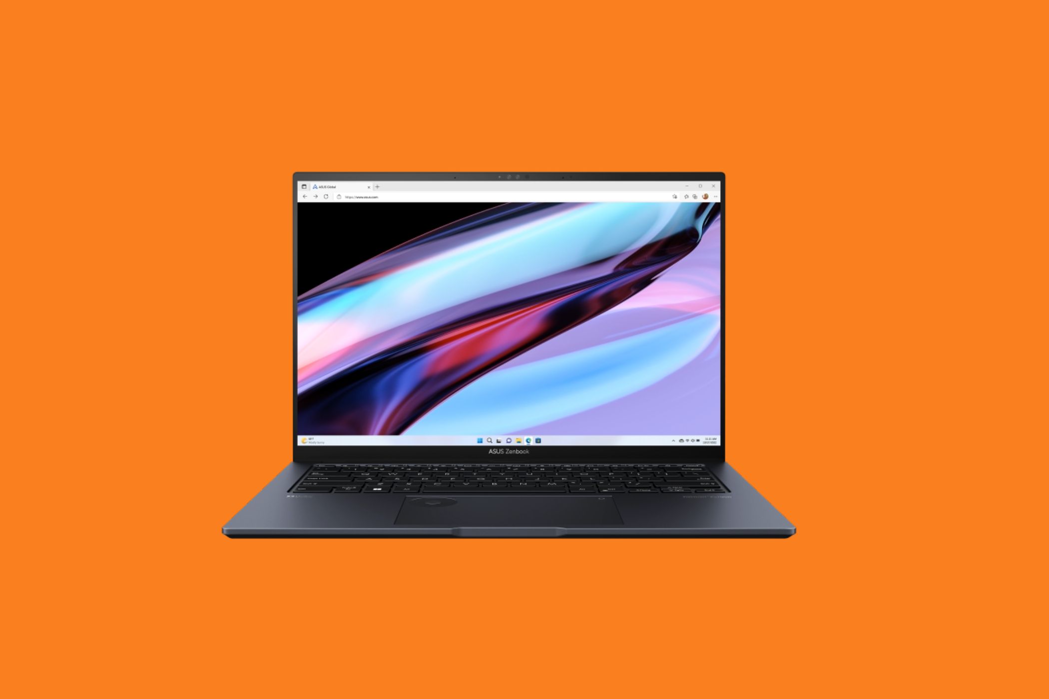 A render of the Asus Zenbook Pro 14 OLED transposed onto an orange background.