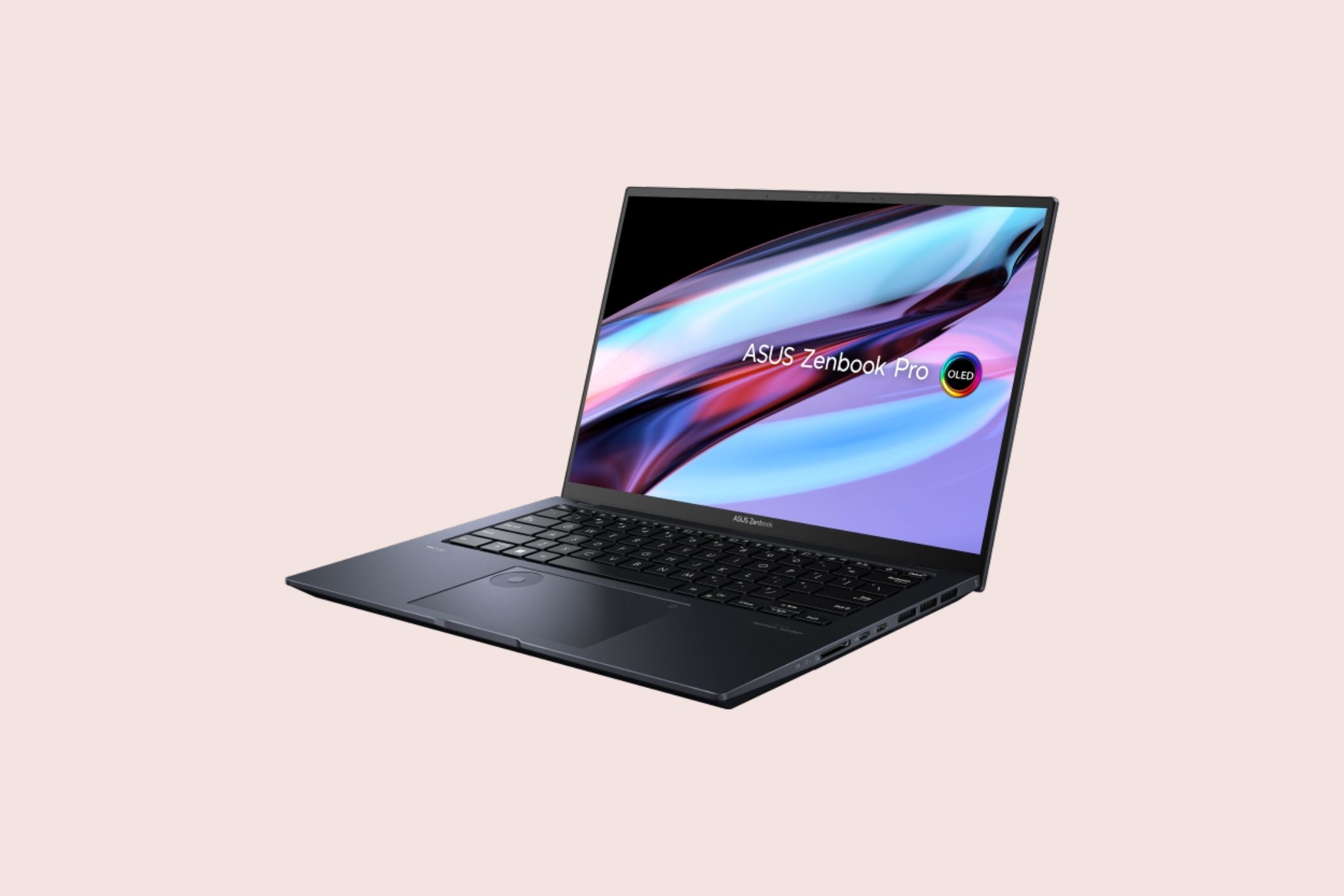 A render of the Zenbook Pro 14 OLED on a pink background.