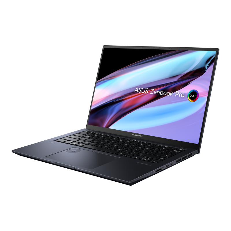 A view of the Asus Zenbook Pro 14 OLED from the side on a transparent background.