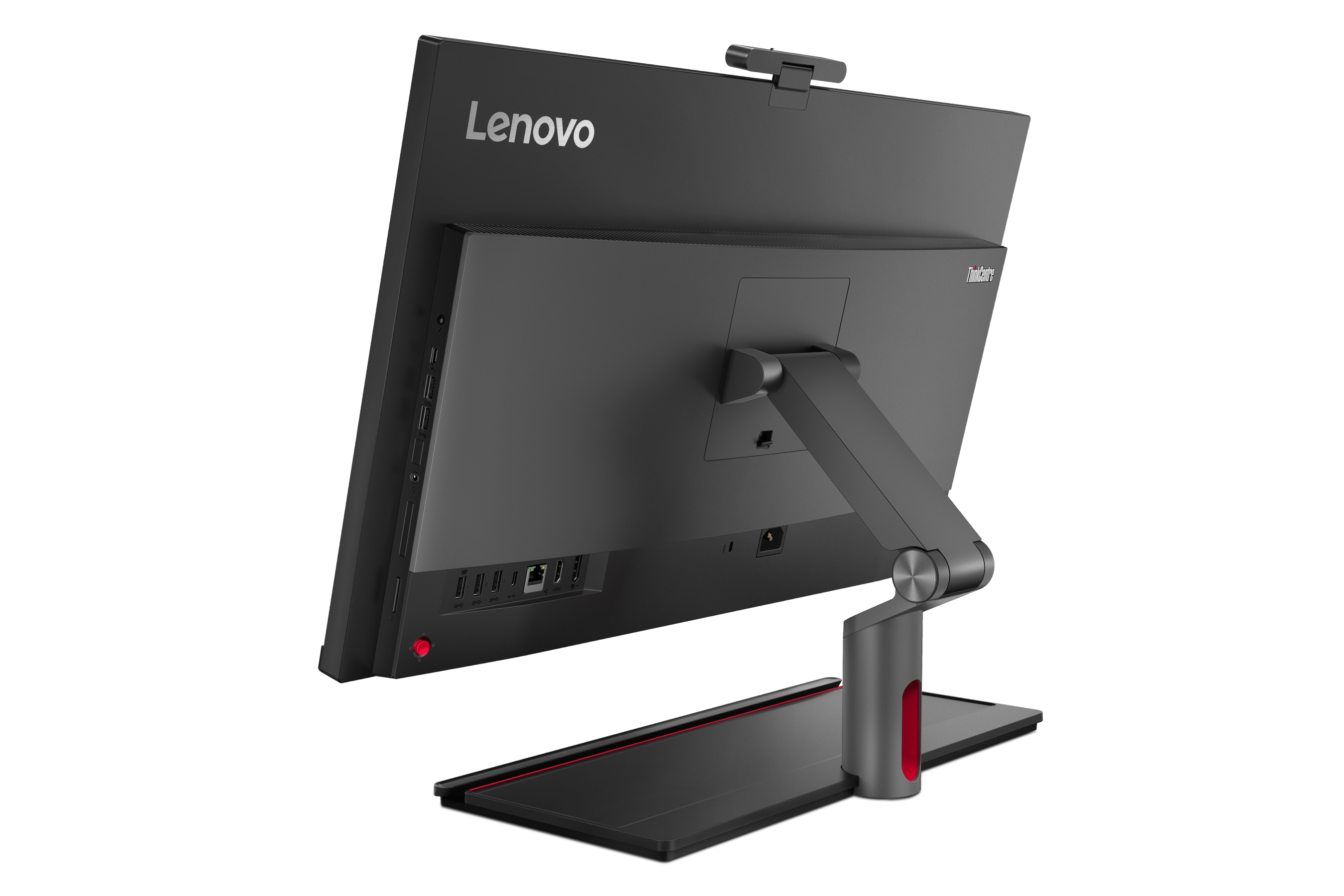 Rear angled view of the Lenovo ThinkCentre M90a Pro Gen 4 showing the ports on the rear and the side