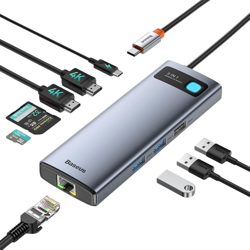 Baseus Laptop Docking Station render along with various cables and Micro SD cards