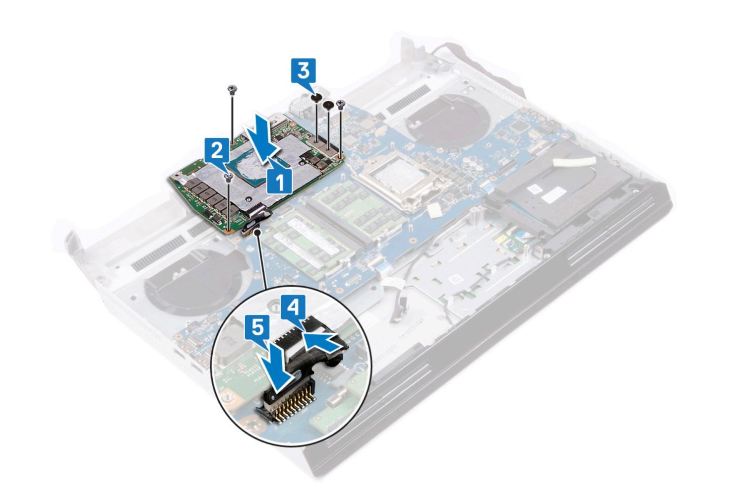 Una ilustración que muestra el procedimiento para actualizar la GPU en una computadora portátil Alienware Area-51m