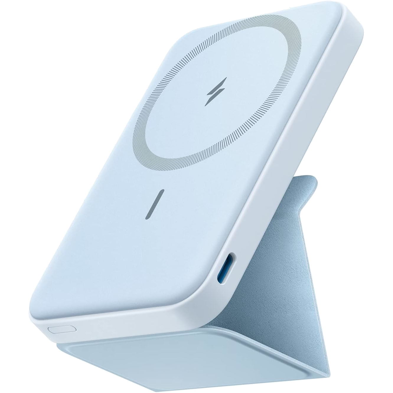 A blue Anker Magnetic Battery with its stand deployed seen front the front and side at an angle.