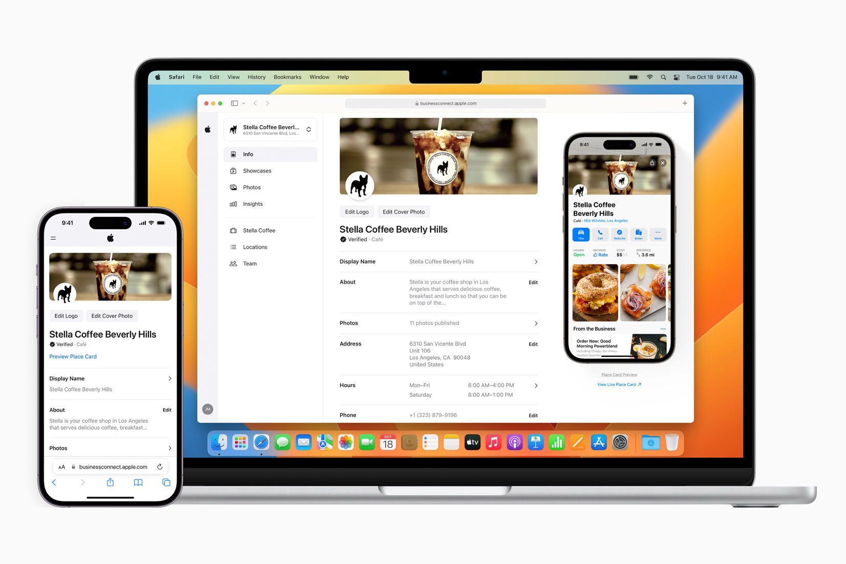 Apple Business Connect tool in use shown on iPhone and MacBook