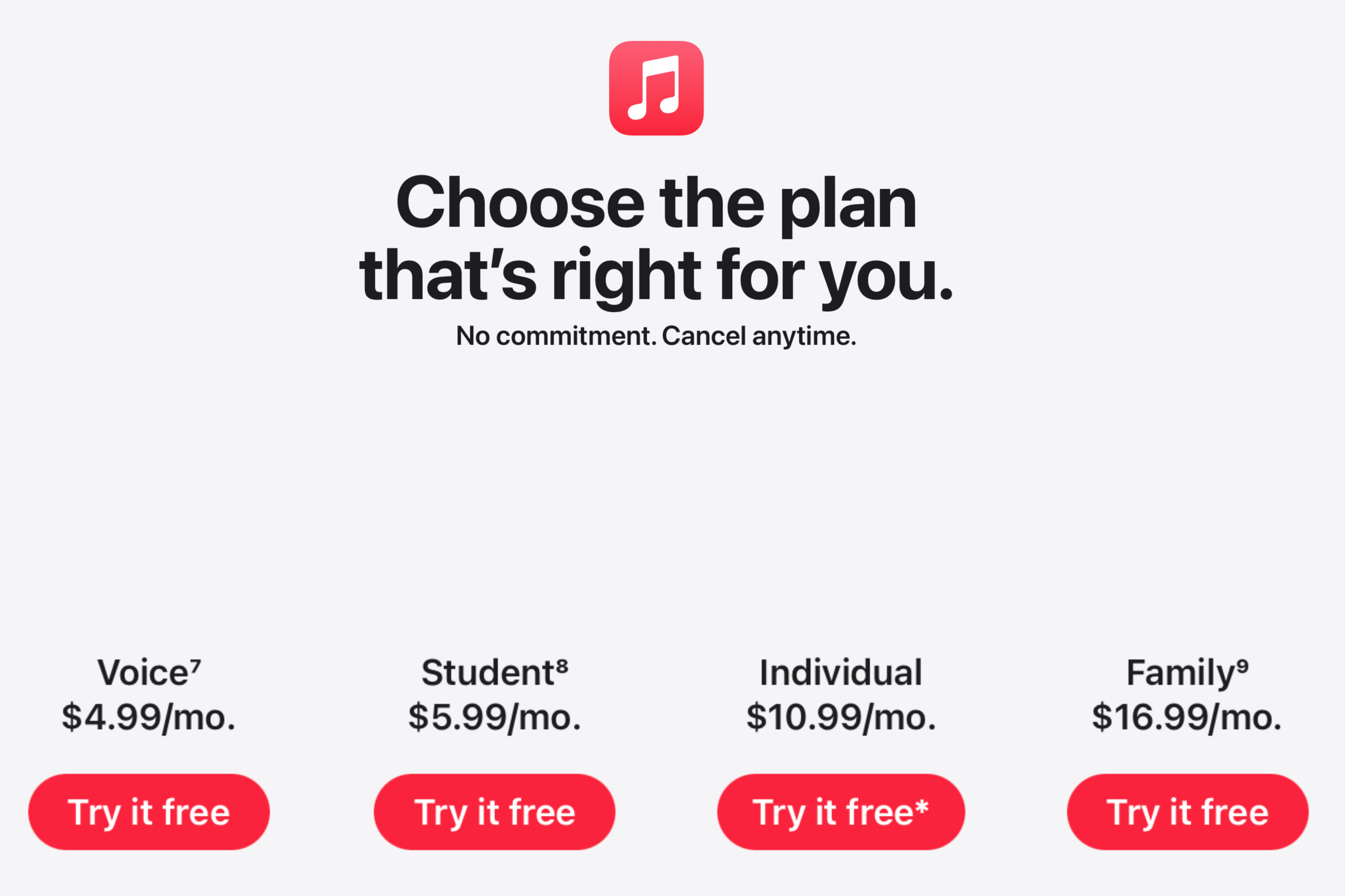 A screenshot showing current pricing for Apple Music services.