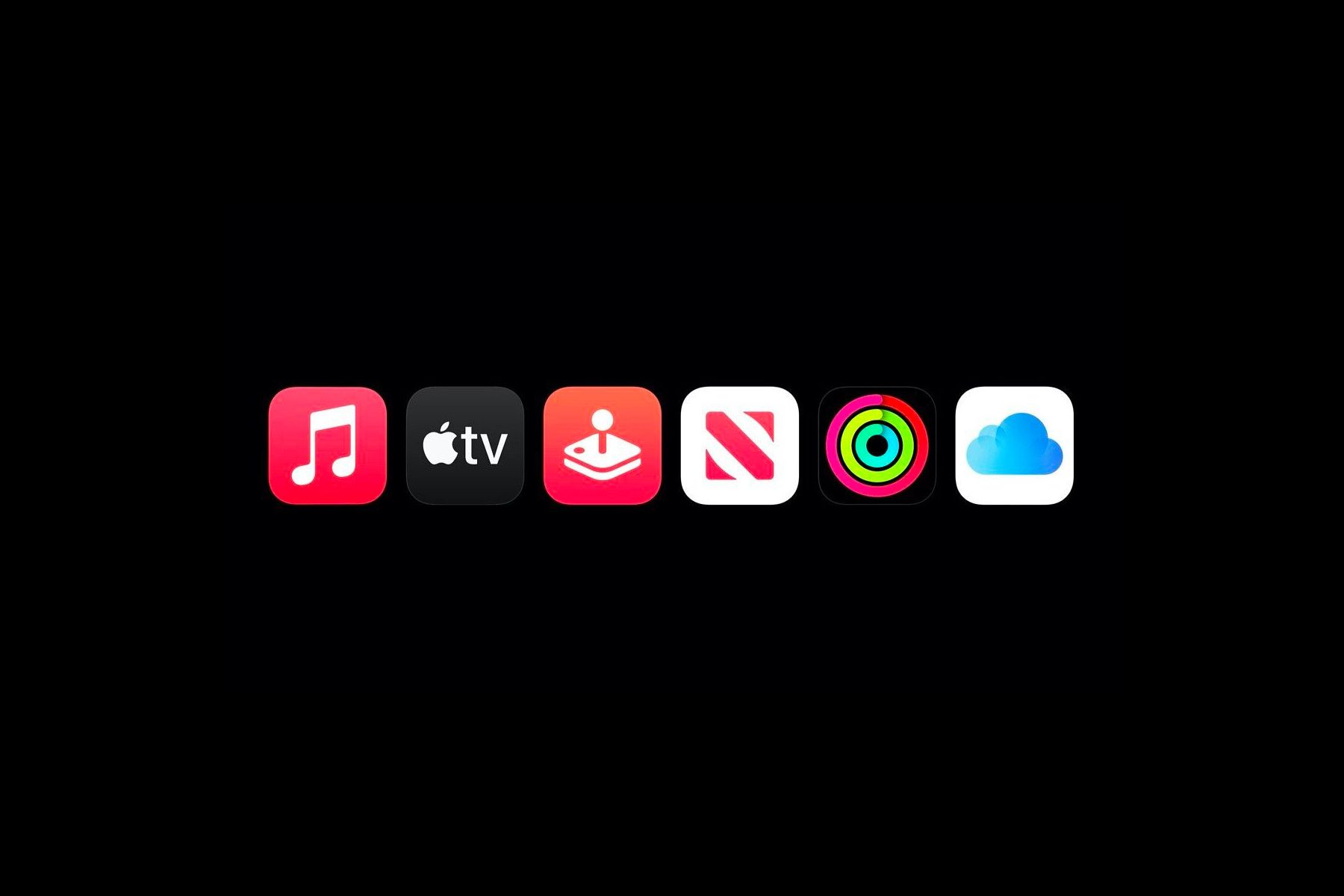 Symbole von Apple-Diensten, einschließlich Musik, TV, Arcade, Nachrichten, Fitness und iCloud