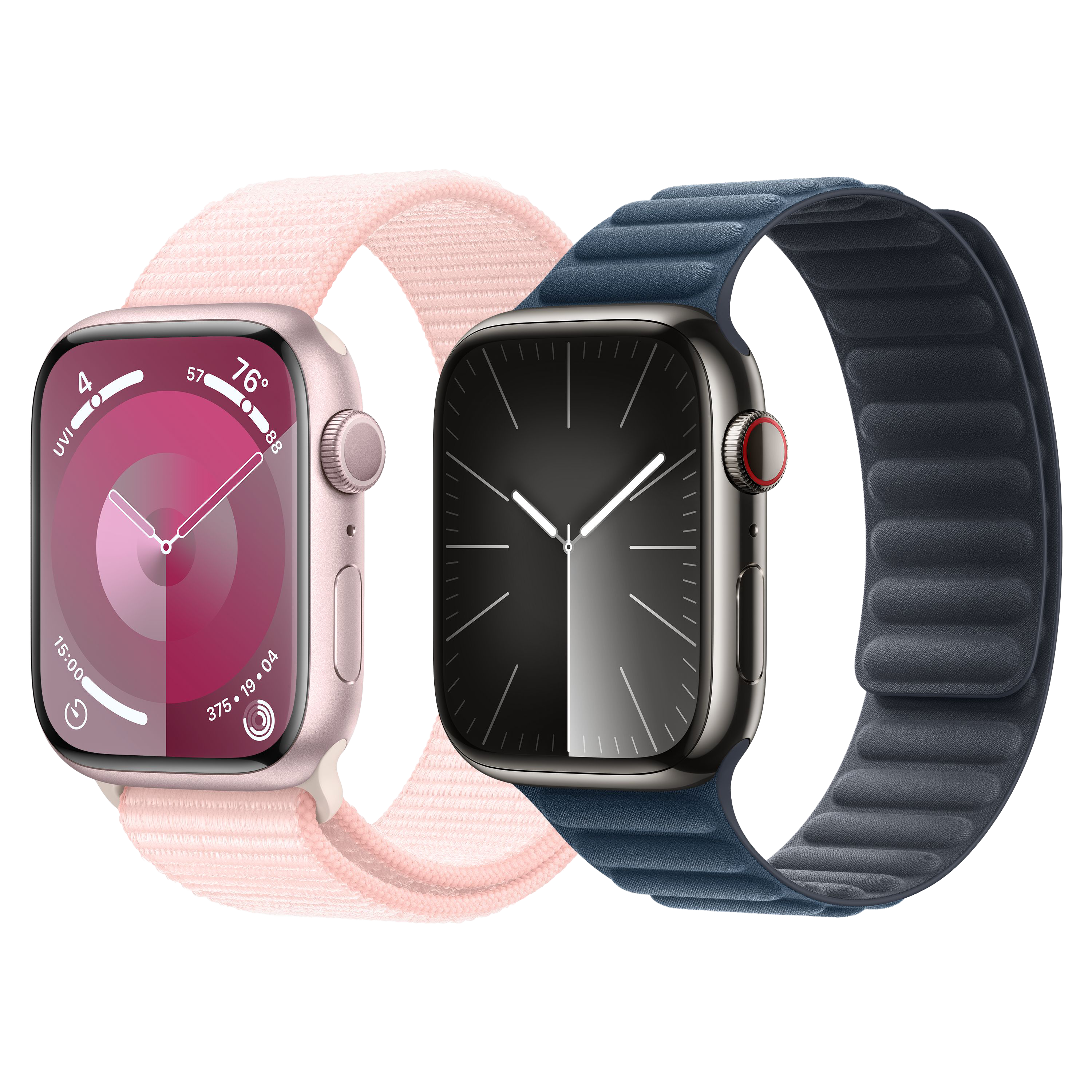 A black and a pink Apple Watch Series 9 models, one with a Sport Band loop and the other with a FineWoven loop