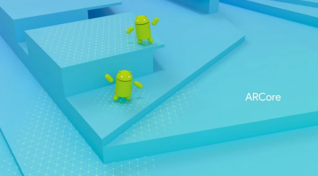 Android robots running in an ARCore environment