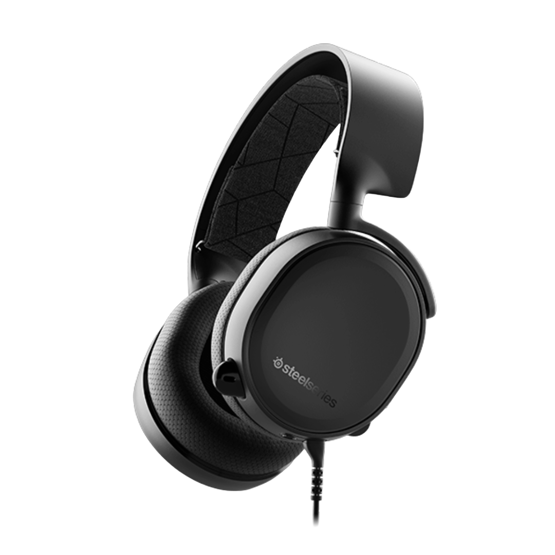 Una representación de los auriculares SteelSeries Arctis 3 vistos desde un lateral sobre un fondo transparente.