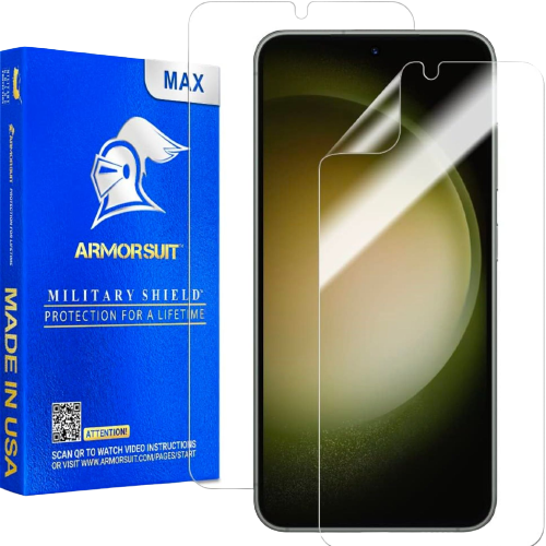 A render showing the ArmorSuit MilitaryShield screen protector for Galaxy S23.