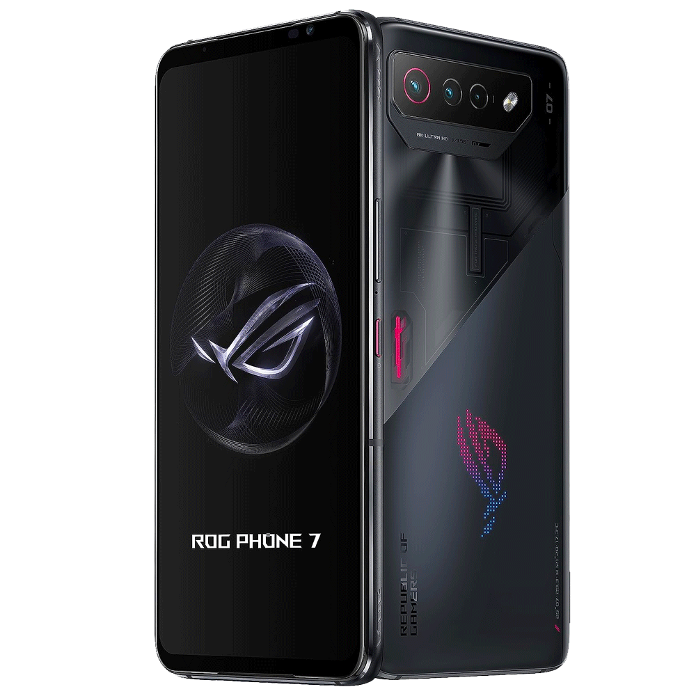 Asus ROG Phone 7 Black with transparent background showing front and back