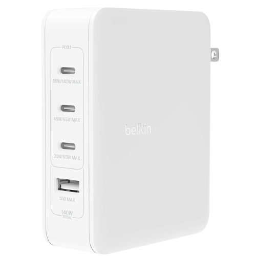 Belkin_140W_GaN_Wall_Charger showing the 3x USB-C ports and 1x USB-A port