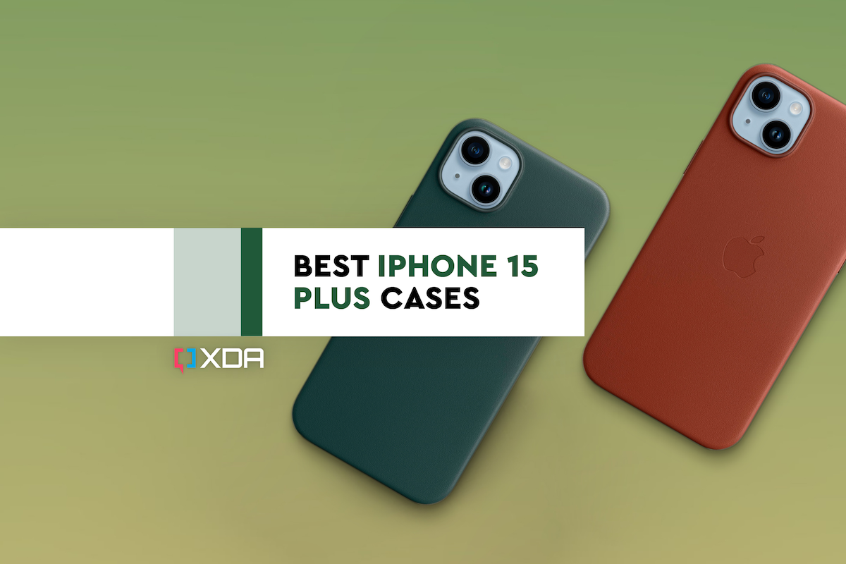 A render showing the iPhone 15 Plus phones with leather cases and some text in the middle.