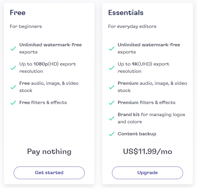 Screenshot of the pricing and benefits of Clipchamp's free and Essentials plans