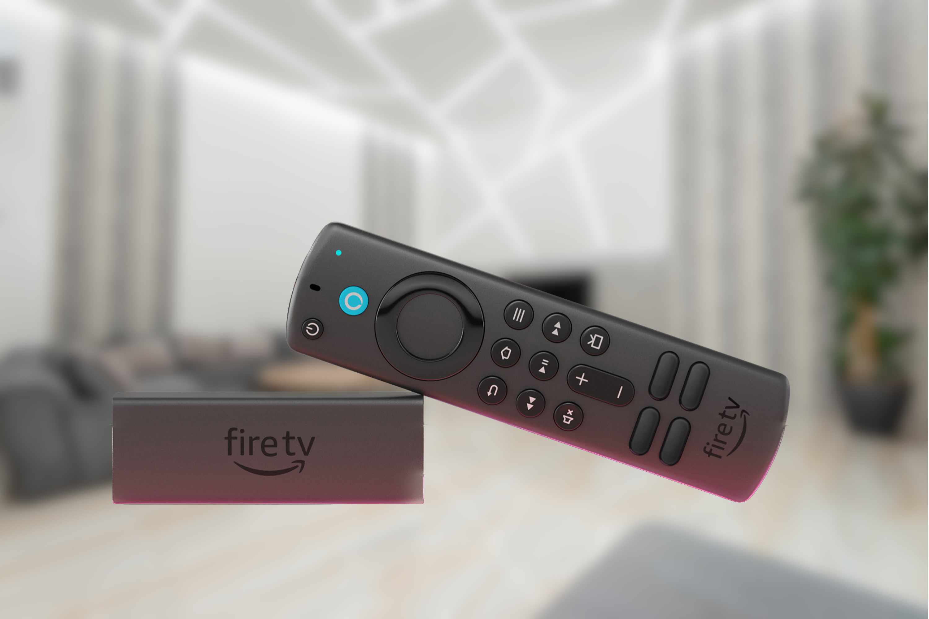 Fire TV Stick 4K Max in front of living room background 