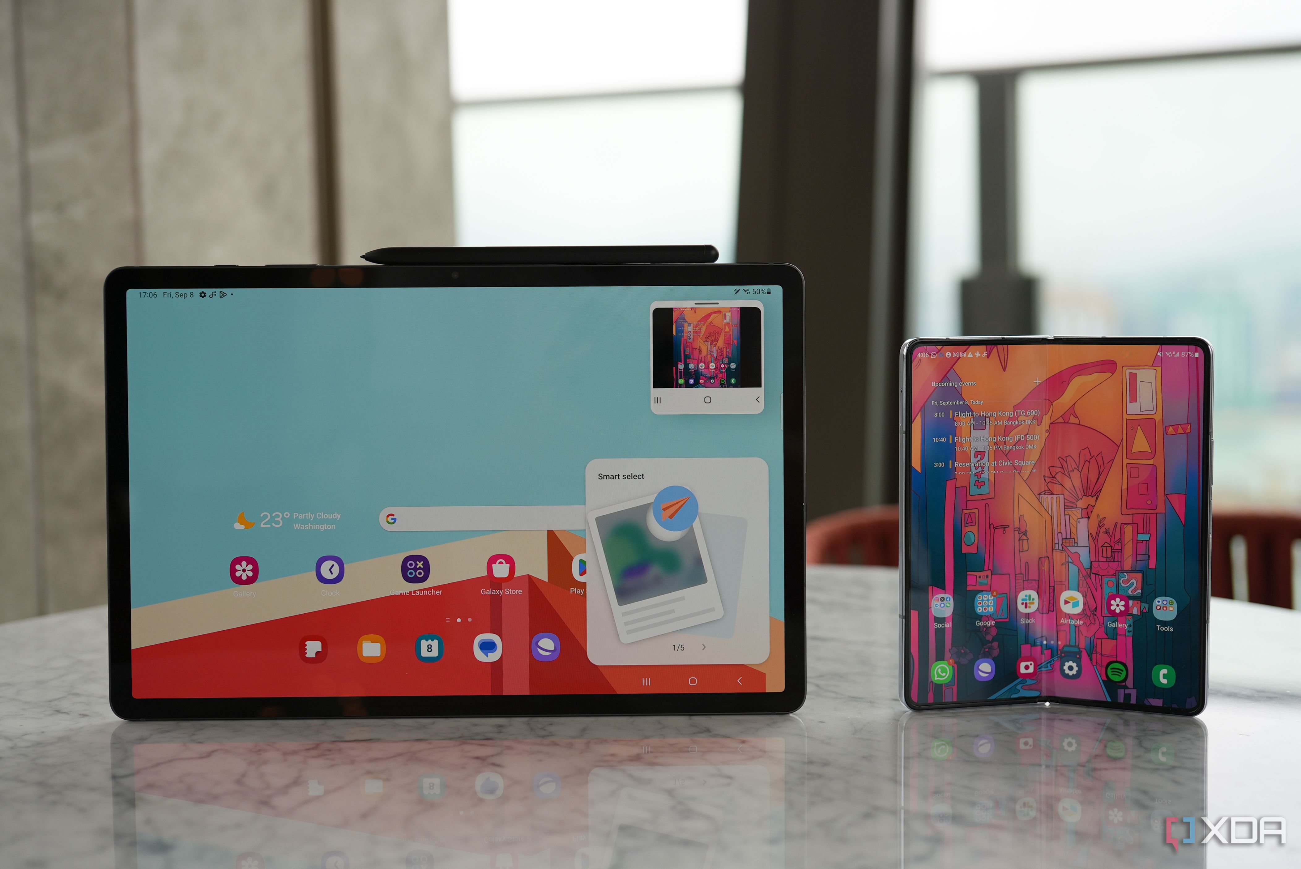 The Samsung Galaxy Tab S9 Plus and Samsung Galaxy Z Fold 5 standing up on a desk.
