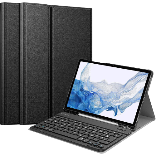 A render of the Fintie keyboard case in black for the Galaxy Tab S8.