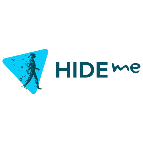 Hide.me logo featuring the silhouette against a blue triangle and the company name