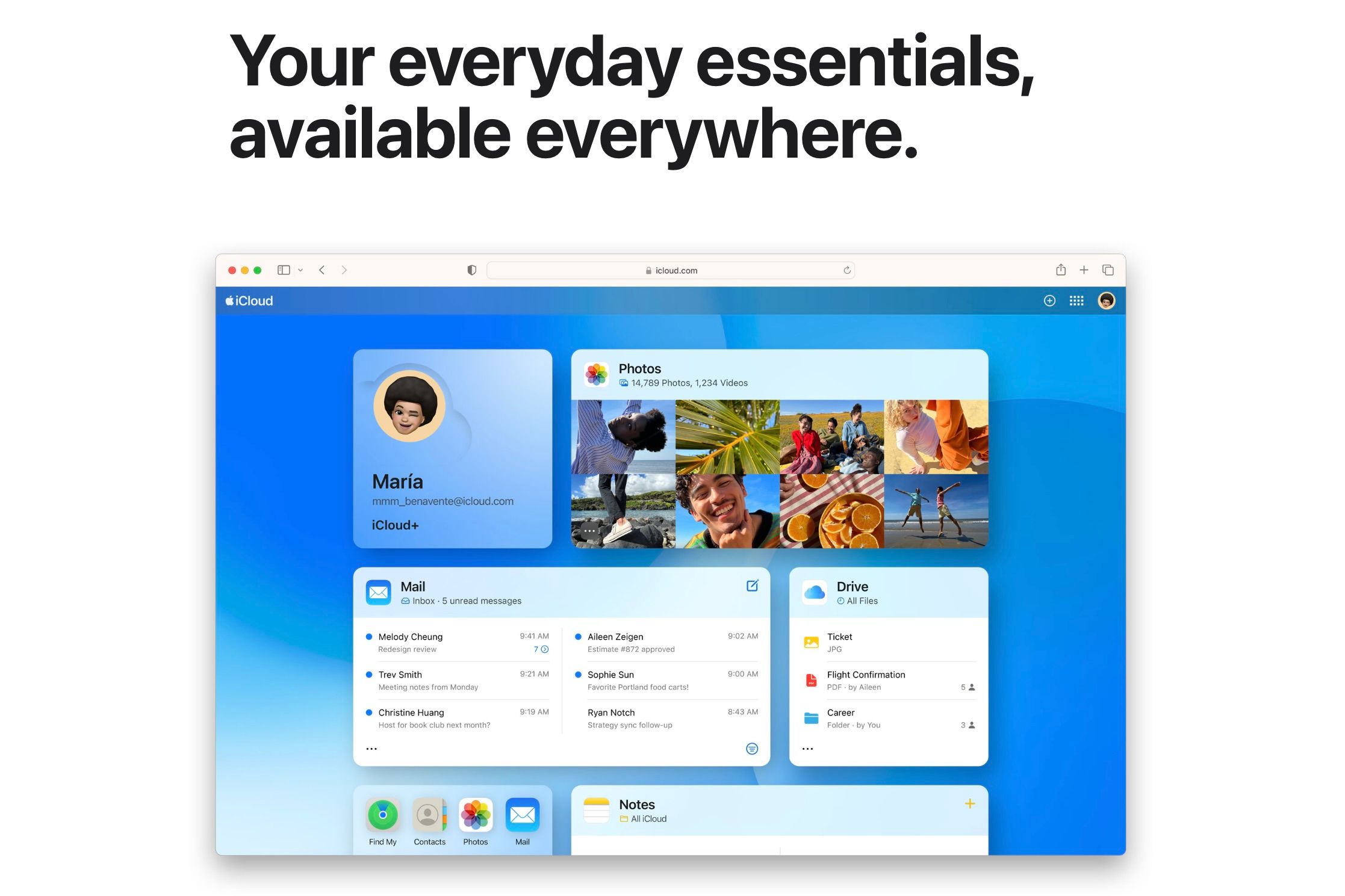 the iCloud website showing mail, drive, notes, and photos
