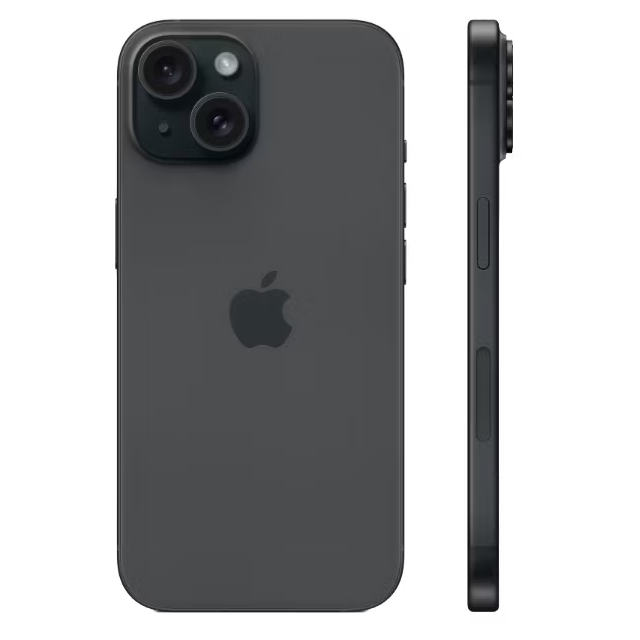 A PNG render of the black iPhone 15 base model on a transparent background.