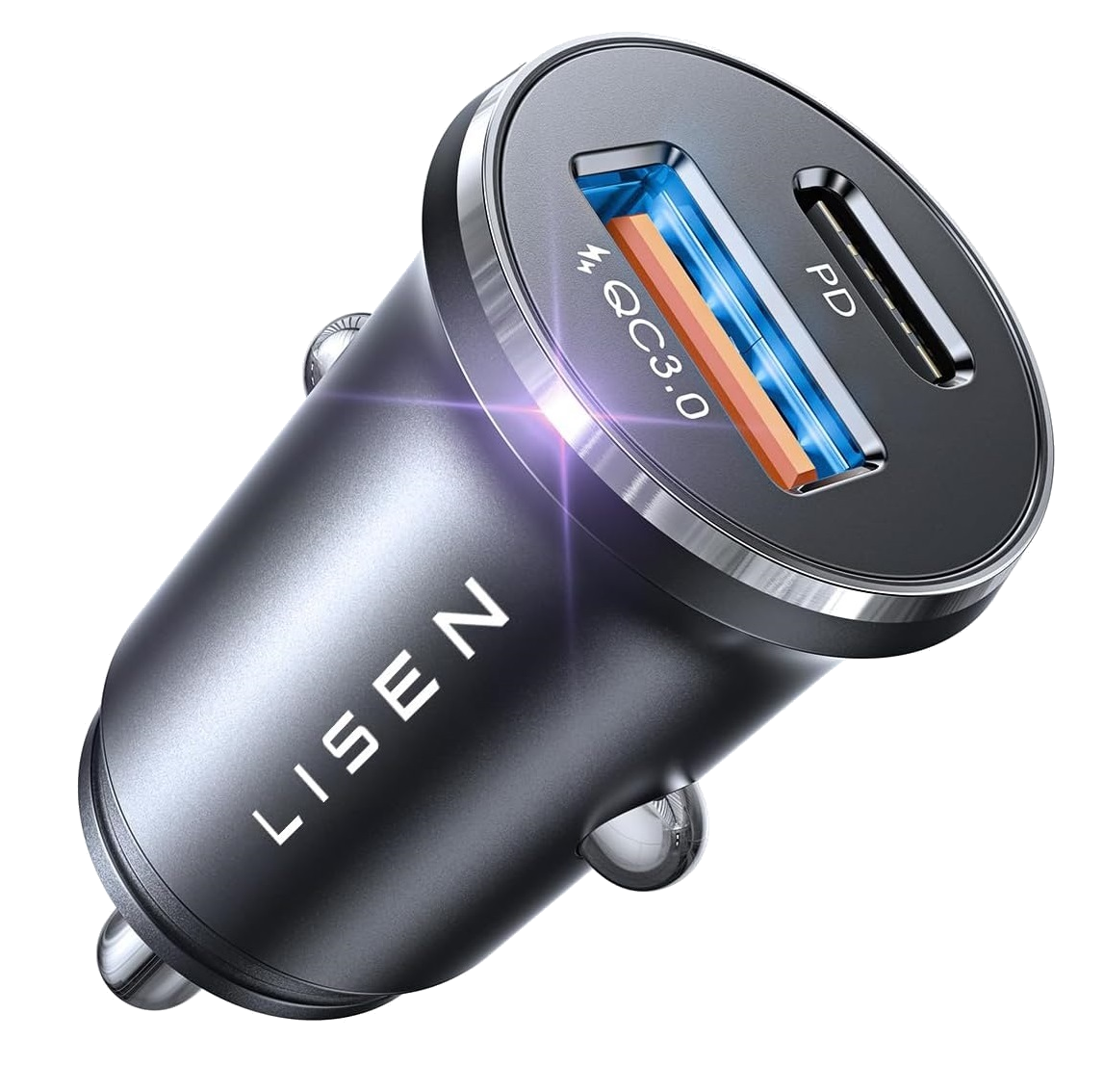 Imagem do carregador de carro LISEN USB C com porta USB-A e USB-C