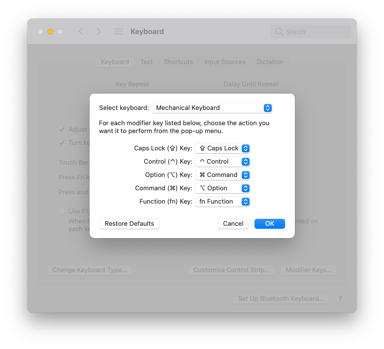 modifying keyboard key functions on macOS 