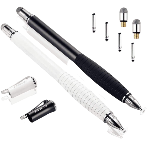 A render showing a duo of MEKO capacitive stylus kept next to each other with the replacements tips around them.