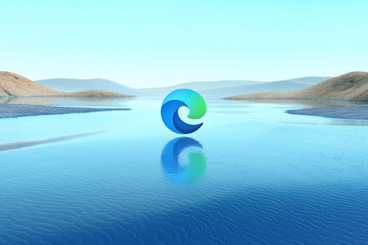 Microsoft Edge logo on superimposed on an image of a beach