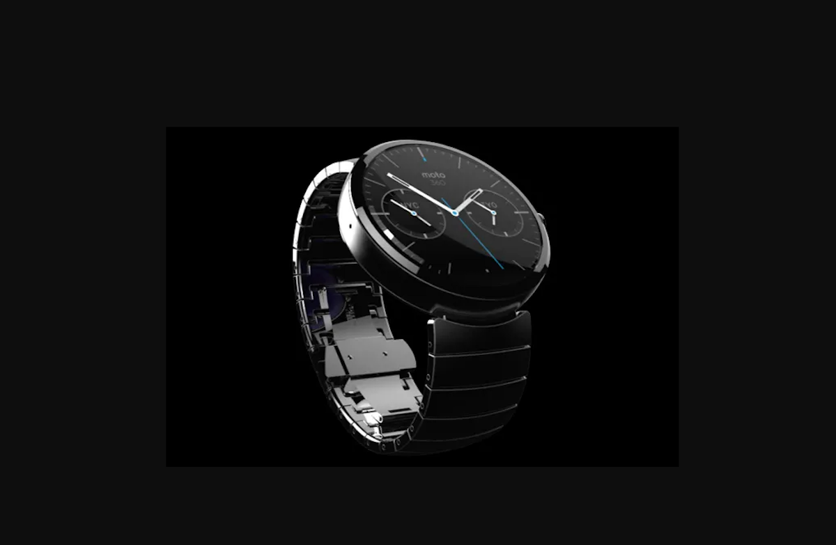 An image showing the Moto 360 smartwatch with stainless steel strap over a black-colored background.
