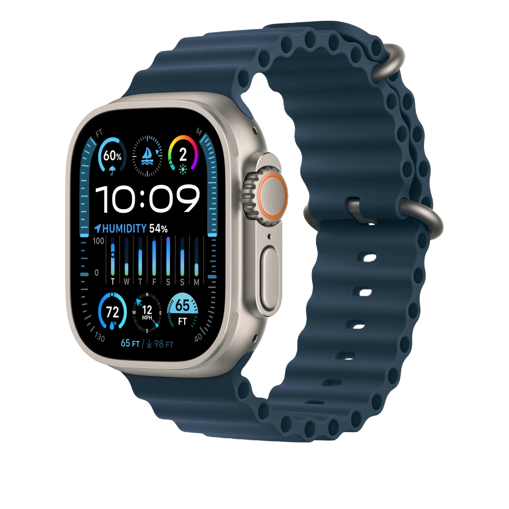 A PNG render of the Apple Ultra Watch and Apple Ocean Band in blue on a transparent background.