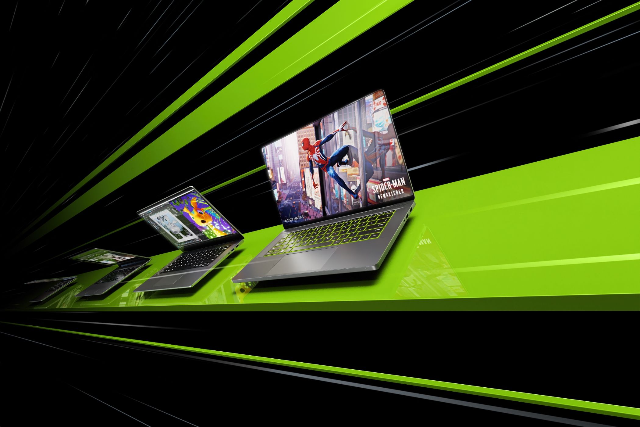 Nvidia 40 series laptops on green stripes on a black background