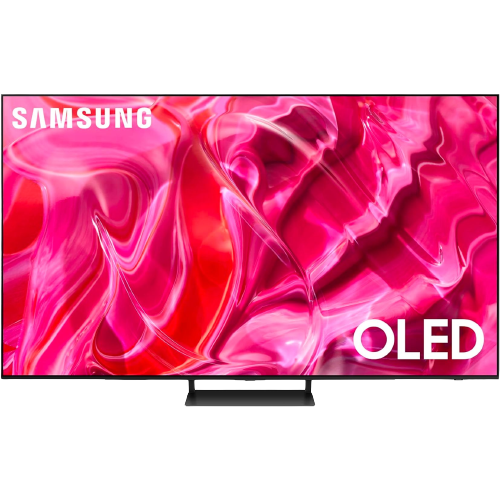 A render showing the Samsung S90C OLED TV displaying an abstract wallpaper.