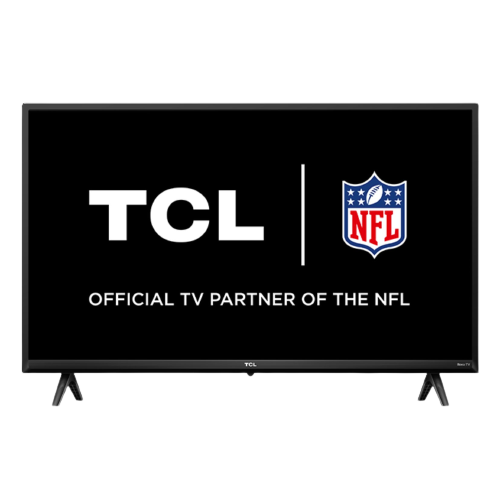 A render showing the TCL Class S3 TV displaying the NFL brand partnership message.