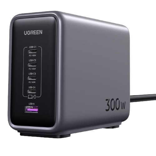 Ugreen_300W_GaN_charger with the front face showing the 4x USB-C ports and 1x USB-A port