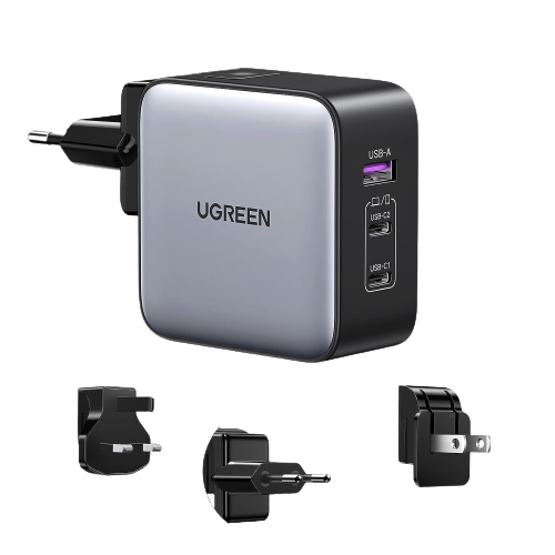 Ugreen_65W_GaN_Travel_Charger with the UK, EU and US compatible plugs