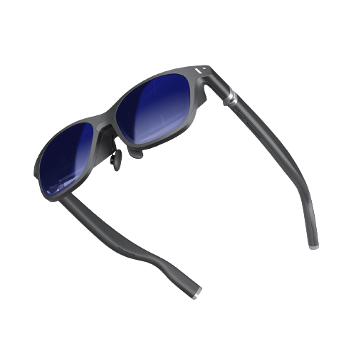 A render of the Viture One XR glasses with navy blue tinted lenses.