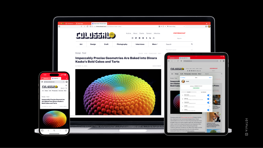Vivaldi en un iPhone, iPad y una computadora portátil que muestra la capacidad de sincronizar los datos del navegador entre dispositivos