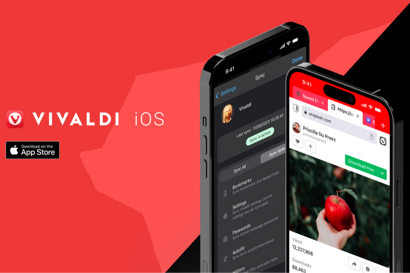 Dos iPhones ejecutando Vivaldi sobre un fondo rojo y negro con texto que dice Vivaldi iOS