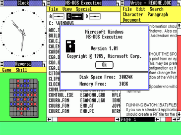 Screenshot of Windows 1.0 displaying apps like Clock, Reversi, MS-DOS Executive, and Write