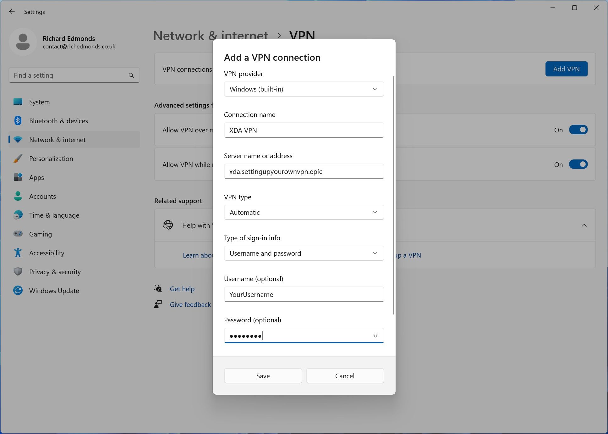 Configuring a new VPN connection in Windows 11