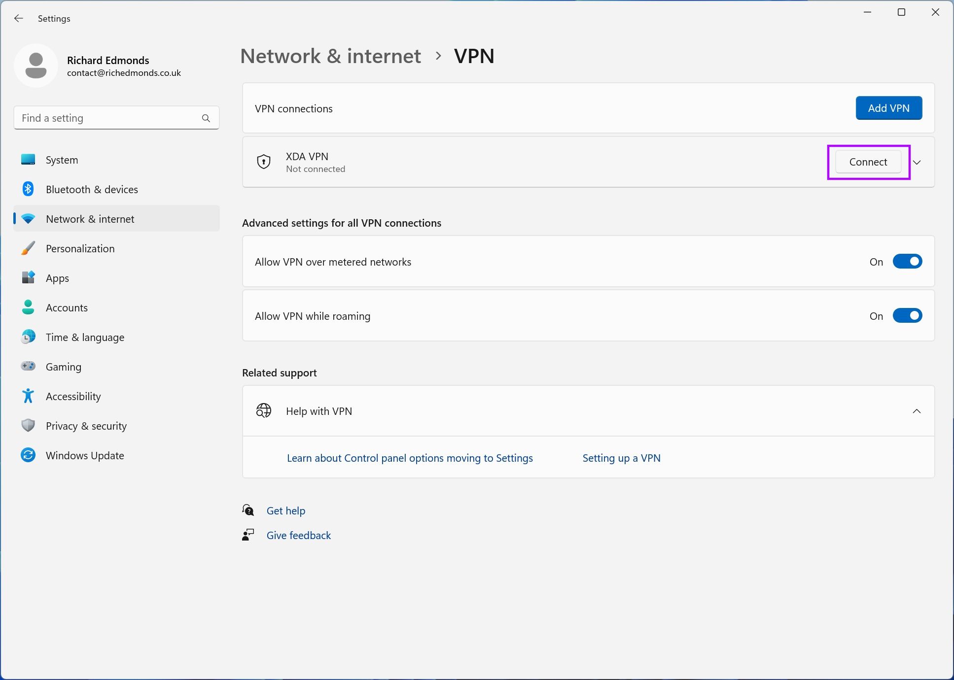 Activating a VPN in Windows 11 in the network & internet settings