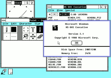 Screenshot of Windows 2.1 displaying Clock, Paint, and MS-DOS Executive apps
